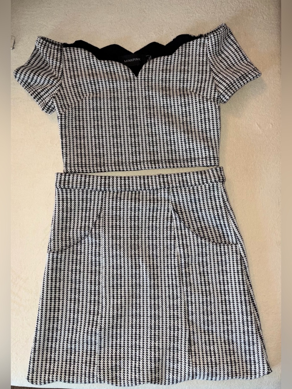 MINKPINK Black and White Houndstooth Crop Top & Skirt Set